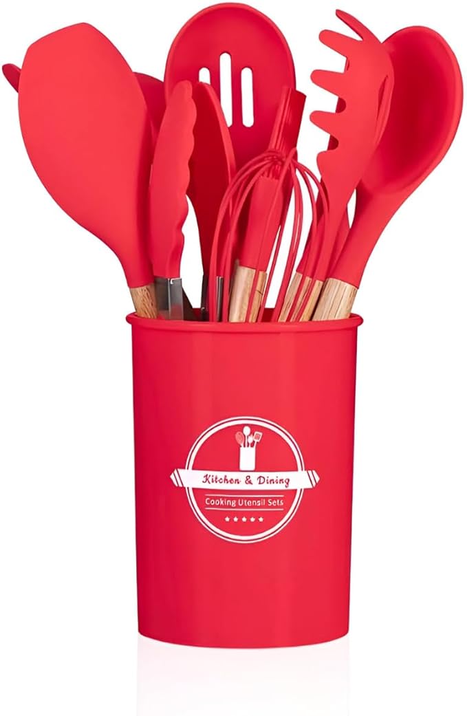 Jogo de Utensílios de Cozinha 12Pçs - Silicone e Cabo de Madeira - Vermelho / Madeira