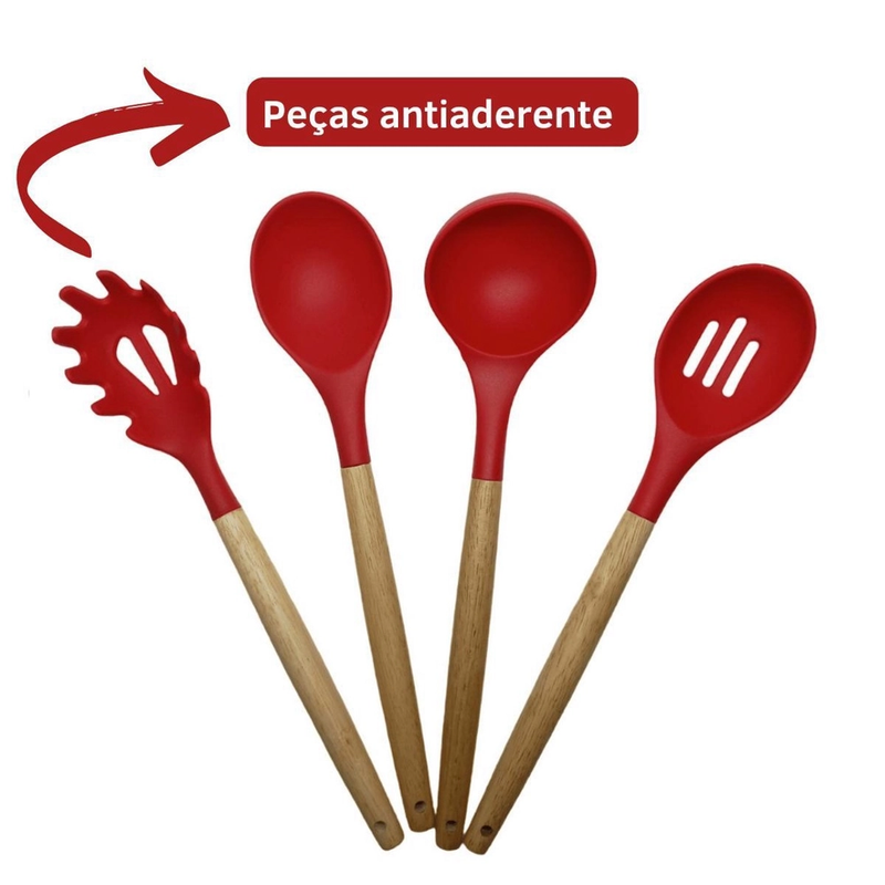 Jogo de Utensílios de Cozinha 12Pçs - Silicone e Cabo de Madeira - Vermelho / Madeira