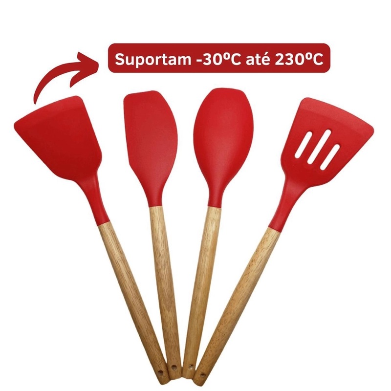 Jogo de Utensílios de Cozinha 12Pçs - Silicone e Cabo de Madeira - Vermelho / Madeira