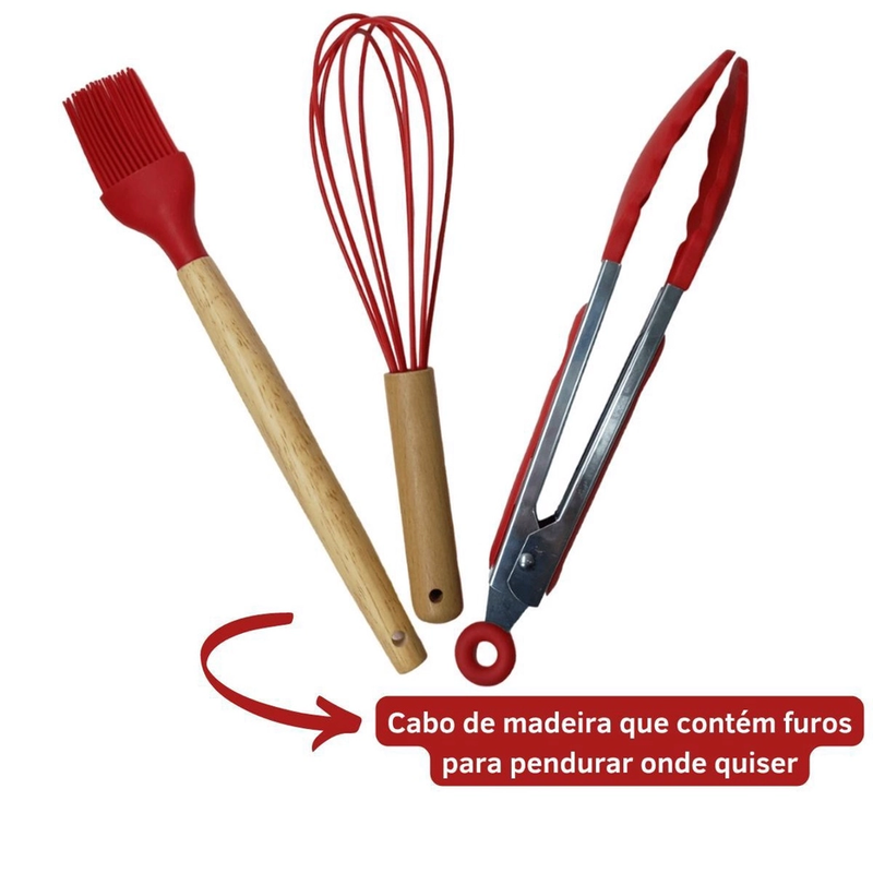 Jogo de Utensílios de Cozinha 12Pçs - Silicone e Cabo de Madeira - Vermelho / Madeira