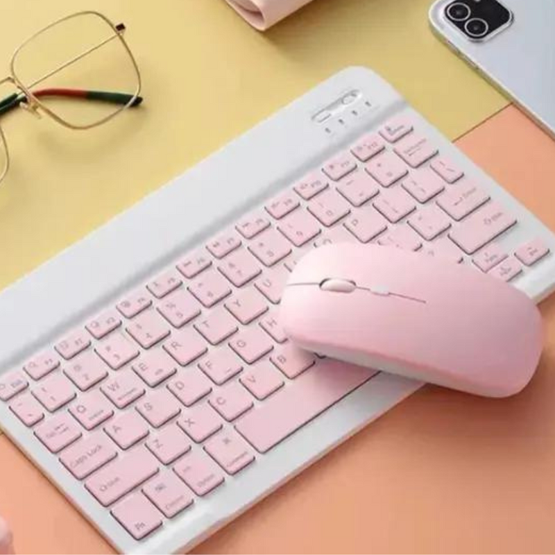 Kit Teclado + Mouse Sem Fio Bluetooth Para Notebook e Tablet- Rosa
