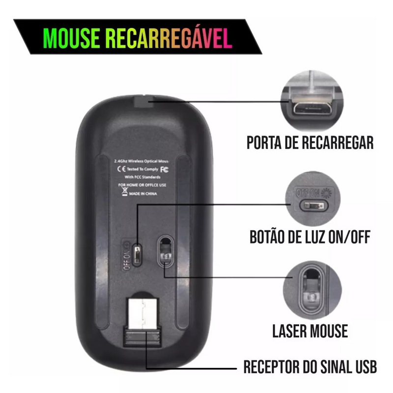 Mouse sem Fio Bluetooth Recarregável LED- Rosa