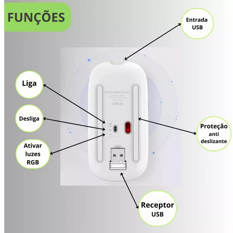 Mouse sem Fio Bluetooth Recarregável LED- Rosa
