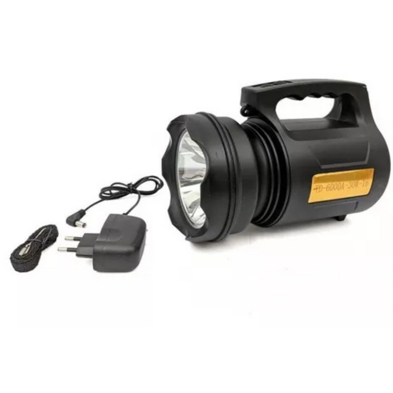 Lanterna T6 Holofote LED 30W TD-6000A Recarregável Pesca Trilha Camping- Preto