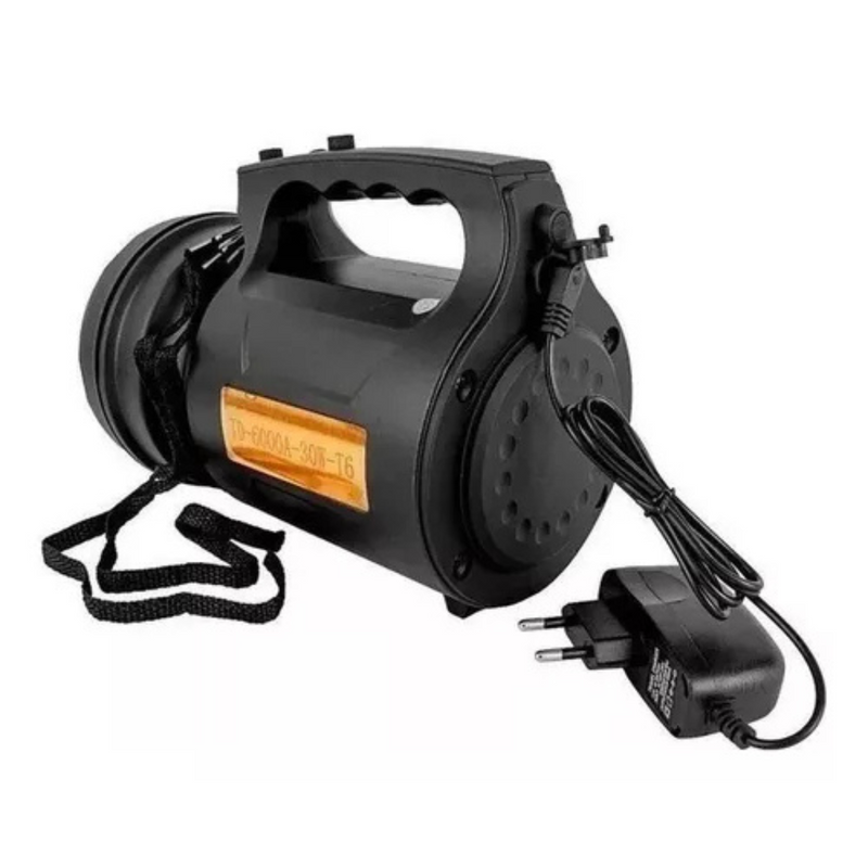 Lanterna T6 Holofote LED 30W TD-6000A Recarregável Pesca Trilha Camping- Preto