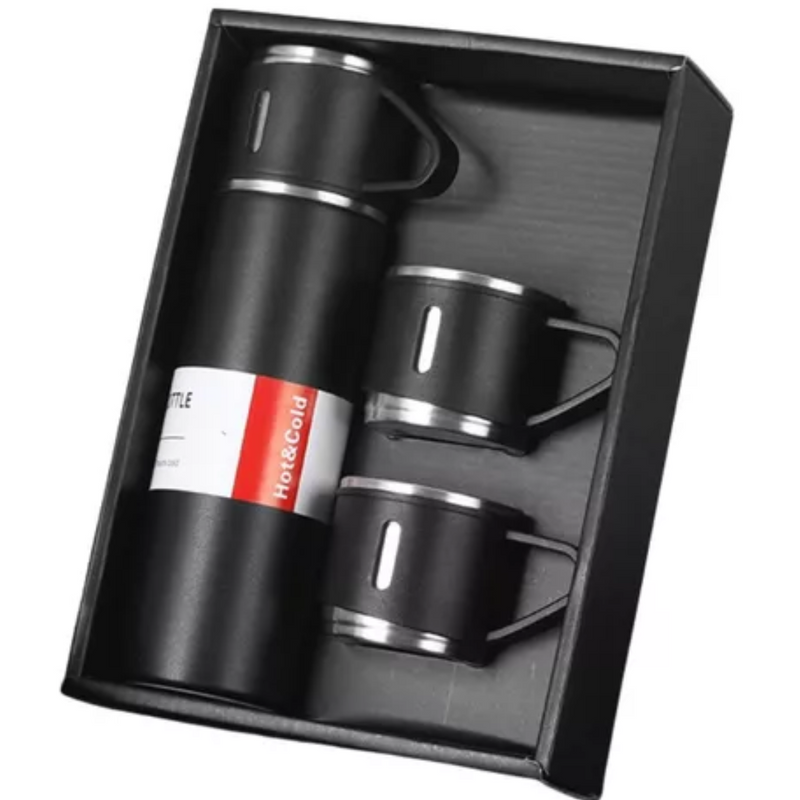 Kit Garrafa Térmica 500ML+ 3 Xícaras Aço Inoxidável -PRETO