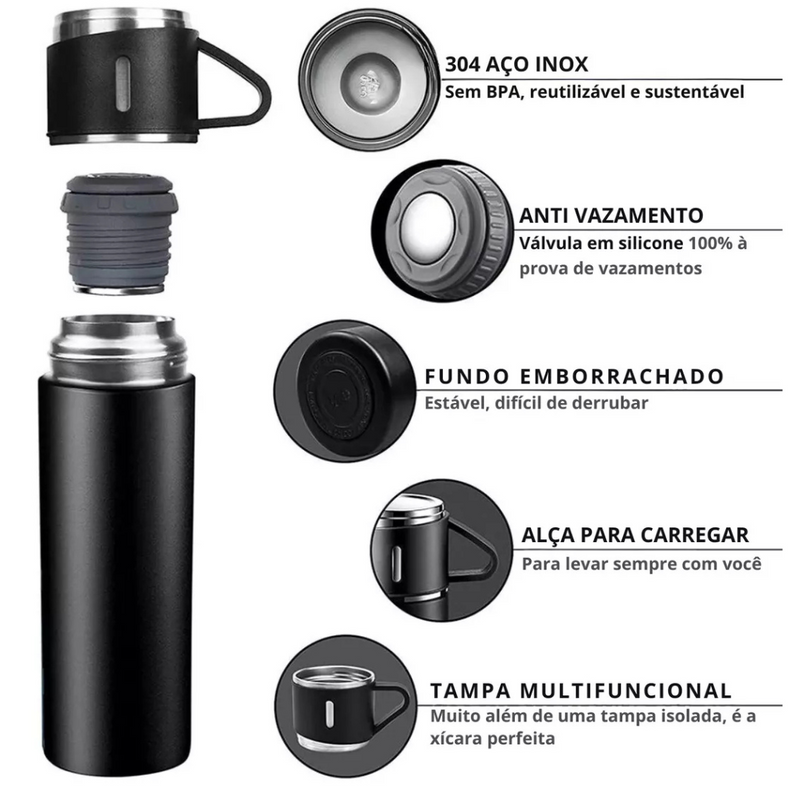Kit Garrafa Térmica 500ML+ 3 Xícaras Aço Inoxidável -PRETO