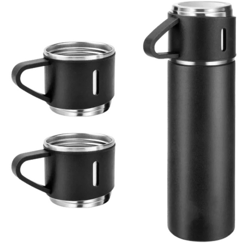 Kit Garrafa Térmica 500ML+ 3 Xícaras Aço Inoxidável -PRETO