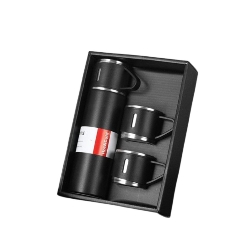Kit Garrafa Térmica 500ML+ 3 Xícaras Aço Inoxidável -PRETO