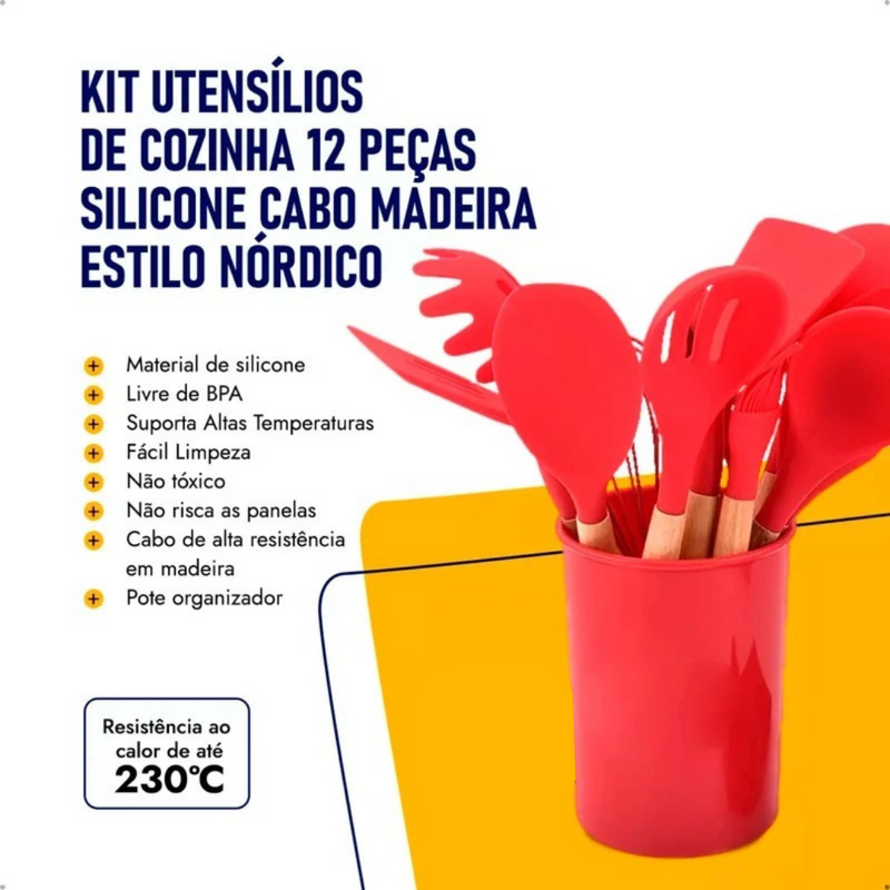 Jogo de Utensílios de Cozinha 12Pçs - Silicone e Cabo de Madeira - Vermelho / Madeira