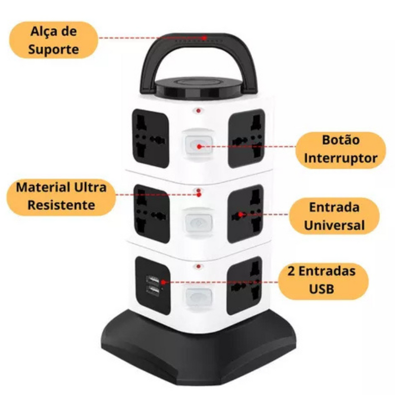 Torre de Tomadas Elétrica com 5 Entradas Universais e 2 Portas USB - OI-To 129