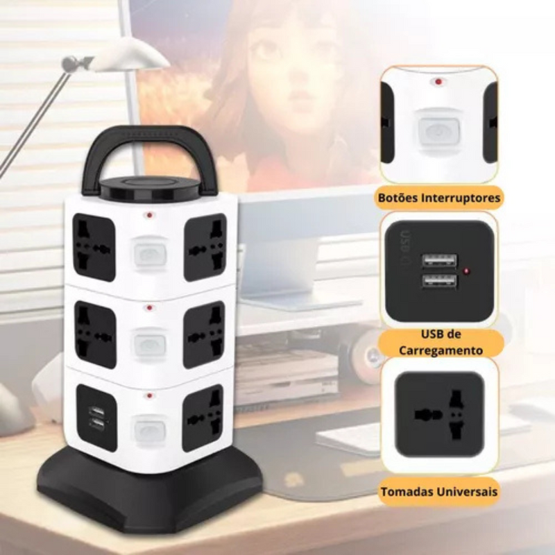 Torre de Tomadas Elétrica com 5 Entradas Universais e 2 Portas USB - OI-To 129