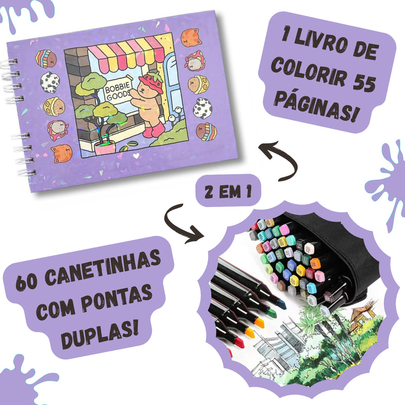 Kit Livro Colorir URSO BOB (Roxo) + 60 Canetas - Estimula