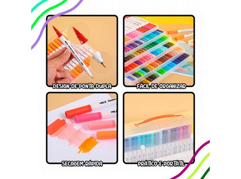 Kit Caneta Colorir Desenhos Ponta Dupla 2 Traços 80 Unidades - Com maletinha