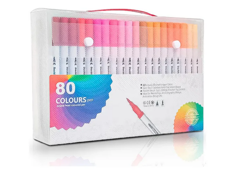 Kit Caneta Colorir Desenhos Ponta Dupla 2 Traços 80 Unidades - Com maletinha