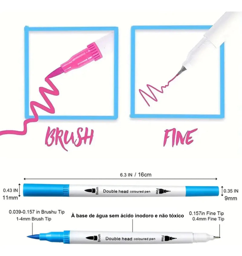 Kit Caneta Colorir Desenhos Ponta Dupla 2 Traços 80 Unidades - Com maletinha